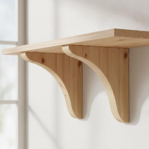 Op de afbeelding: Een lichtgekleurde houten plank met twee gebogen beugels, gemonteerd op een witte muur. De plank is gemaakt van lichtgekleurd hout en de beugels hebben een bijpassende kleur. De plank is ontworpen voor het uitstallen van items of opslag.