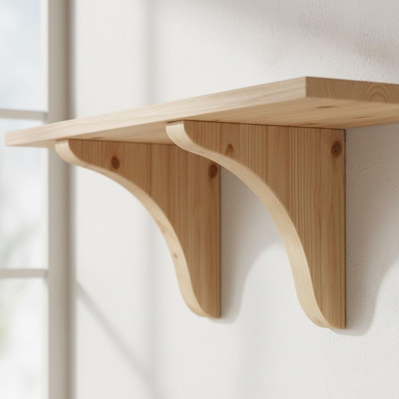 Op de afbeelding: Een lichtgekleurde houten plank met twee gebogen beugels, gemonteerd op een witte muur. De plank is gemaakt van lichtgekleurd hout en de beugels hebben een bijpassende kleur. De plank is ontworpen voor het uitstallen van items of opslag.