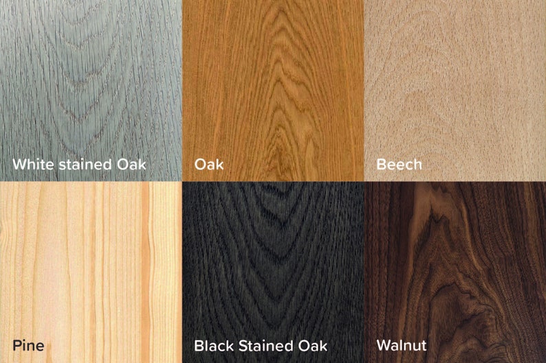 May include: Six wood samples showing different wood grains and colors. The samples are labeled: White stained Oak, Oak, Beech, Pine, Black Stained Oak, and Walnut.