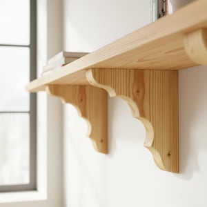 May include: A light-coloured wooden shelf with decorative, scalloped brackets. The shelf is mounted on a white wall, and a window is visible in the background. Books are placed on the shelf.