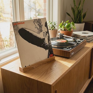 Soporte de madera para discos de vinilo: expositor de álbumes de haya, roble o nogal