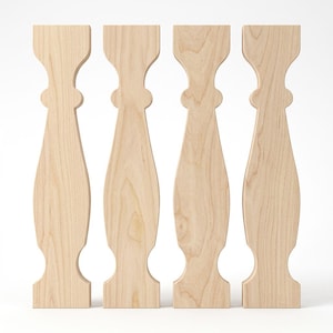 May include: Four identical light-colored wooden balusters arranged vertically in a row. Each baluster features a smooth, turned profile with a wide central section, a rounded decorative knob near the top, and flat square ends at the base and top.