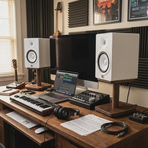 Puede incluir: Una configuración de estudio de grabación en casa con monitores de estudio blancos sobre soportes de madera, un monitor de computadora, una computadora portátil, un teclado y una consola de mezclas. Una guitarra y paneles acústicos son visibles en el fondo. El escritorio es de madera.