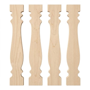 May include: Four unfinished light-colored wooden balusters arranged vertically in a row. Each baluster features a smooth, turned profile with a central bulbous section, a narrow neck, and a flared top and bottom, showcasing natural wood grain.