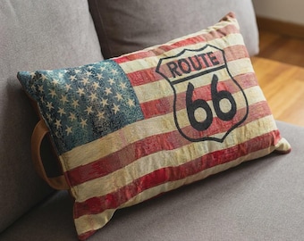 USA Flag Pillow - Synthetic leather backside - Route 66 Pillow