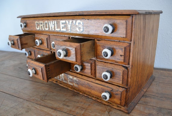 Vintage Crowley's Needles Wood Cabinet - Antique 12 Drawer Cabinet