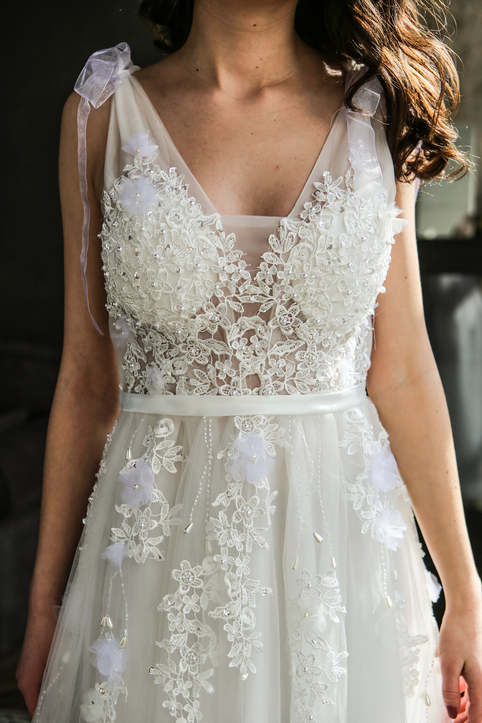 White Floral Lace Open Back Long Bridal Gown