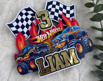 Monster Truck Themed Cake Topper, Birthday Party Topper, Kids Party, Cardstock Topper, Party Decoration, Personalized Cake Topper