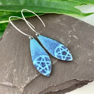 Blue Enamelled Pentagram Sterling Silver Dangle Earrings Copper Teardrop