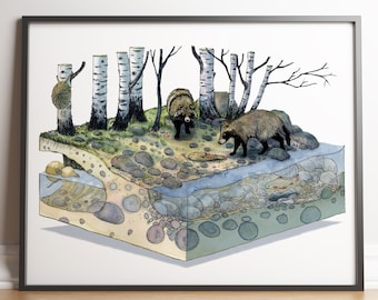 Illustration Tanukis on the bank isometric art and diorama for a Nordic and Asian atmosphere