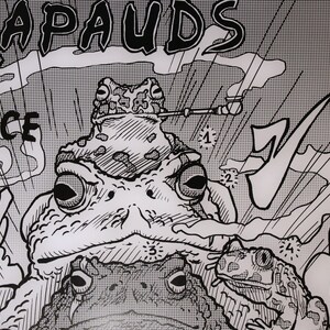 May include: Black and white comic book illustration of three frogs. The top frog is smoking a pipe. The text "CRAPAUDS" is at the top of the image. The text "DE FRANCE" is at the bottom of the image.