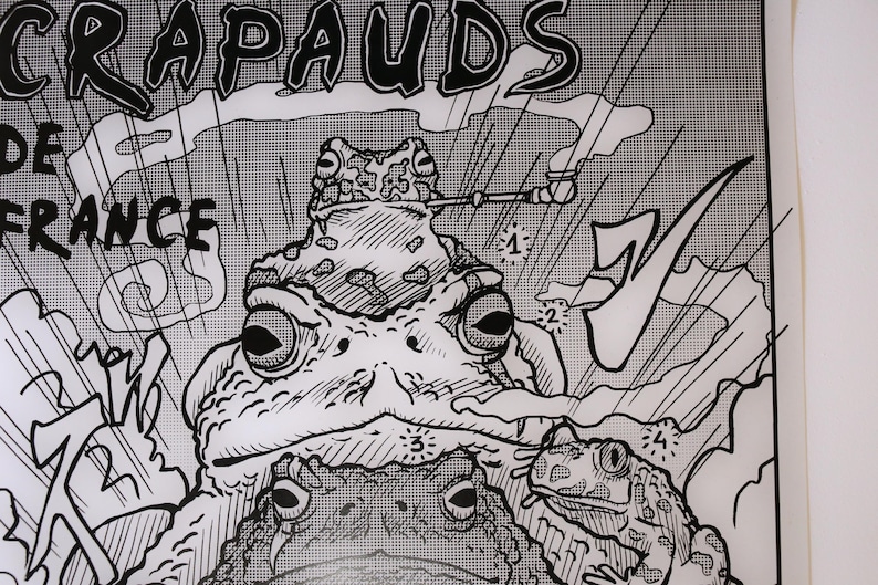 May include: Black and white comic book illustration of three frogs. The top frog is smoking a pipe. The text "CRAPAUDS" is at the top of the image. The text "DE FRANCE" is at the bottom of the image.