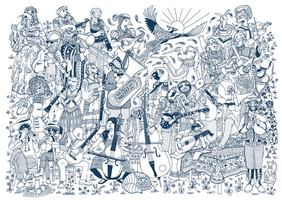 Giant Coloring Poster 60x42cm Baroque Music Animals and Textile