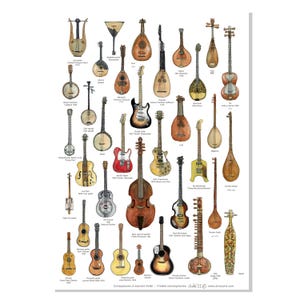 Può includere: Un'illustrazione ad acquerello di 30 diversi tipi di strumenti a corda, tra cui una chitarra, un ukulele, un banjo, un sitar e una lira. Gli strumenti sono disposti in file e sono dipinti in varie tonalità di marrone, rosso e giallo. L'immagine include il testo "Contriphones a manche fixe - Fretted chordophones ade221 www.armoud.com".