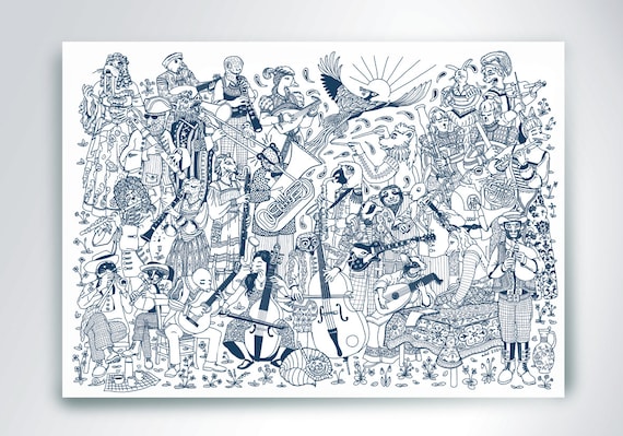 Giant Coloring Poster 60x42cm Baroque Music Animals and Textile