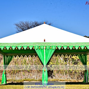 May include: A large rectangular outdoor canopy tent featuring a white roof and vibrant green fabric walls. The green valance is decorated with a white geometric pattern and small tassels. The text Kirti Creations is visible on the image.