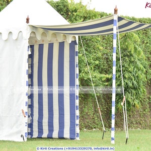 May include: A white and blue striped canopy tent with a white fabric roof. The tent is supported by four poles with white and blue stripes. The tent is set up in a grassy area.