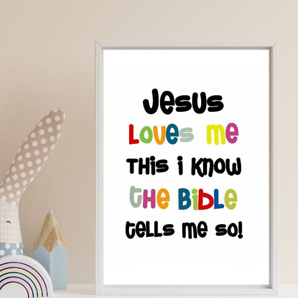 Jesus Loves Me This I Know The Bible Tells Me So, Printable Wall Art Childrens Playroom, Sunday School Ministry Church Decor, Kids Classroom