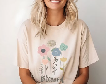 Christian T Shirt BLESSED Floral Bible Shirt Testimony Tees Boho Christian Gifts for Her Garden Girl Faith Shirts Christian Women Faith Gift