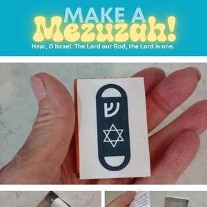 May include: A white mezuzah case with a blue Star of David and the Hebrew letter Shin. The case is held in a hand. The text "Hear, O Israel: The Lord our God, the Lord is one." is written below the image.