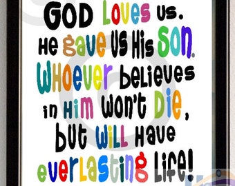 John 3:16 Printable Bible Poster Scripture Verse Kids Classroom Decoration, Sunday School Wall Art, Children's Ministry, Bible Club Art