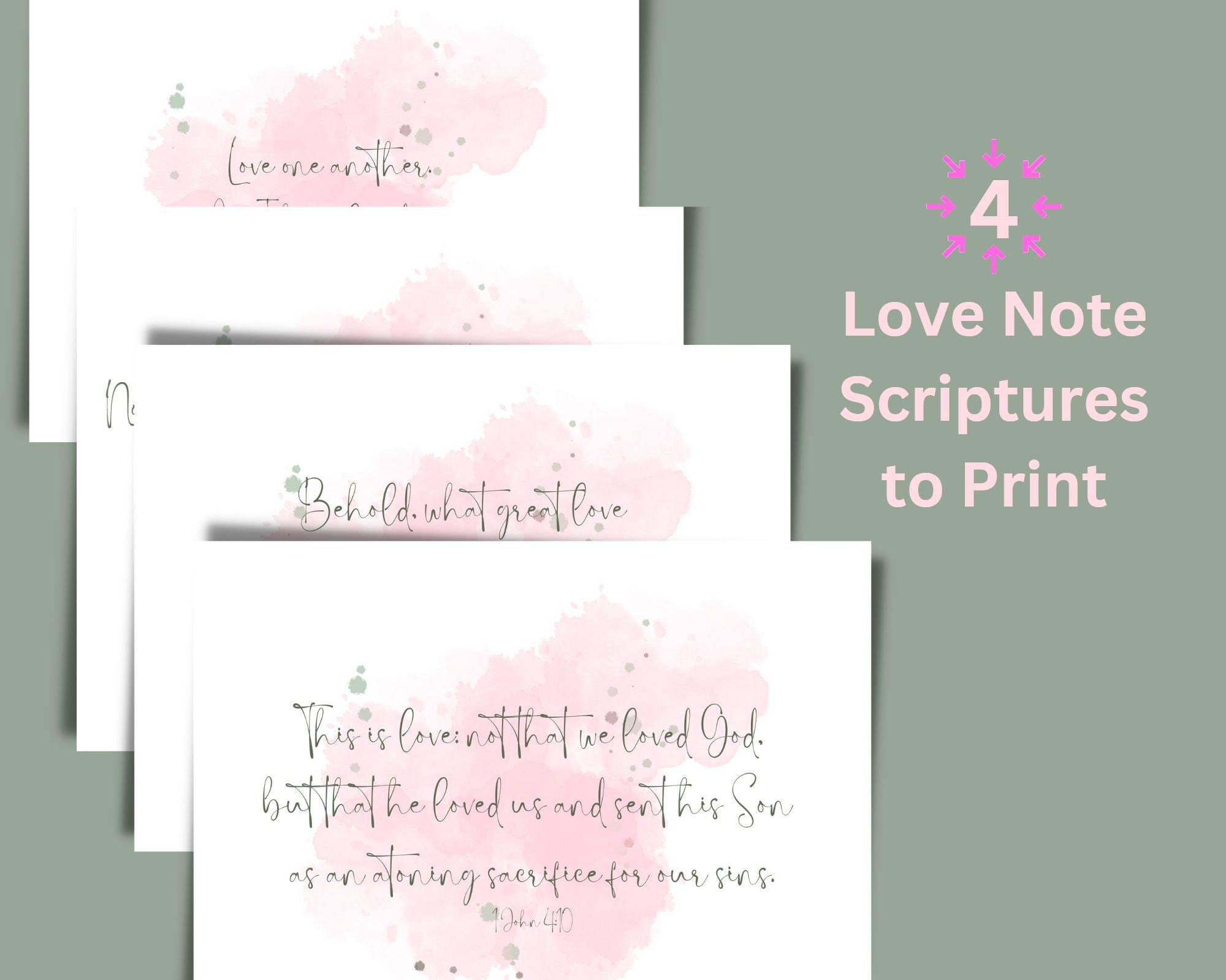Love Note Scripture Cards, FOUR Printable Christian Greetings, Bible
