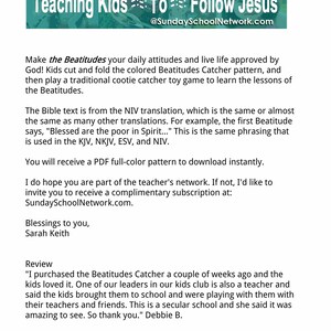 May include: A teal banner with the text "Teaching Kids to Follow Jesus" and the website address "@SundaySchoolNetwork.com". The text describes a children's activity based on the Beatitudes, including a printable pattern.