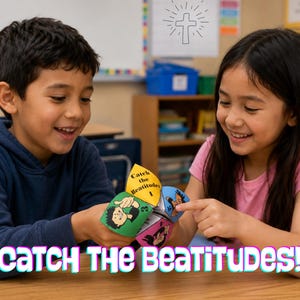 May include: Two smiling children are playing with a colorful paper fortune teller. The fortune teller has illustrations and the text "Catch the Beatitudes!" printed on it. A cross is drawn in the background.