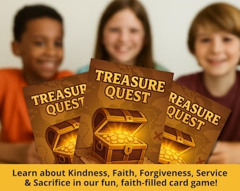 May include: Three children hold up cards for a game called "Treasure Quest". 
The cards feature a treasure chest with gold coins and a map with an X marking the spot.