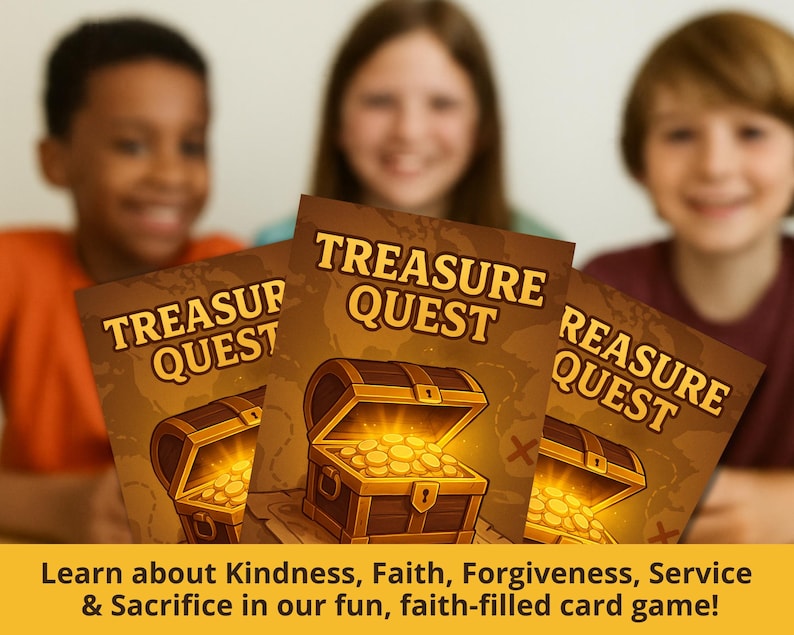May include: Three children hold up cards for a game called "Treasure Quest".      
The cards feature a treasure chest with gold coins and a map with an X marking the spot.