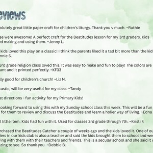 May include: The image displays customer reviews for a product, with the title "Reviews" in a stylized font. The background has a watercolor wash effect in shades of green. The reviews are written in black text and are positive, mentioning children's crafts and religious lessons.