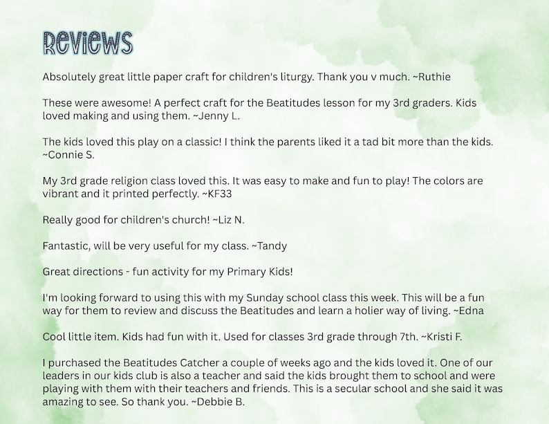 May include: The image displays customer reviews for a product, with the title "Reviews" in a stylized font. The background has a watercolor wash effect in shades of green. The reviews are written in black text and are positive, mentioning children's crafts and religious lessons.