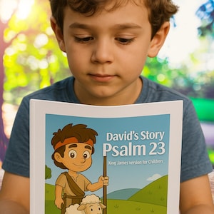 May include: A young boy is holding a book titled "David's Story Psalm 23" with a cartoon illustration of a shepherd and a sheep. The book cover has a blue background with green hills and the text "King James version for Children."
