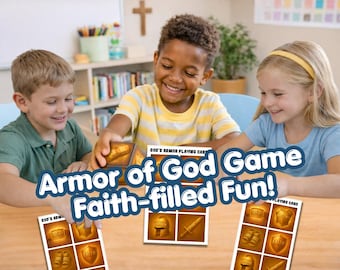 May include: Three children are smiling while playing a card game. The game cards feature illustrations of armor pieces and the word "FAITH". The game is titled "Armor of God Game Faith-filled Fun!"