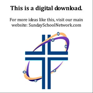 May include: A digital download graphic featuring a navy blue cross with a light blue outline. The cross is encircled by orange and purple curved lines with small blue spheres. The text at the top says, "This is a digital download."