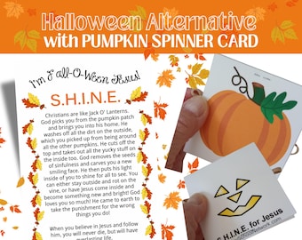 May include: A white card featuring the text I'm Fall-O-Ween Jesus! S.H.I.N.E. surrounded by orange and yellow autumn leaves. A separate square card shows an orange pumpkin illustration and a yellow jack-o'-lantern face with the text S.H.I.N.E. for Jesus.