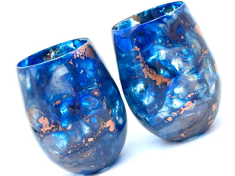 Navy Blue and Copper Resin Art Stemless Wine Glass Set of Two Etsy