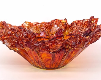 Fire Orange Resin and Cut Glass Decorative Bowl MADE TO ORDER