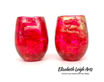 Bright Pink, Gold Resin Art Stemless Wine Glass Set of Two IN STOCK
