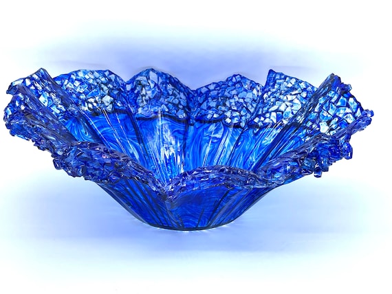 Vintage Blue Cut Glass Decorative Shallow Bowl with Ruffled Edge Vintage Blue Cut Glass Decorative Shallow Bowl with Ruffled Edge