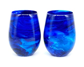 Royal Blue Resin Art Stemless Wine Glass Set of Two Customize