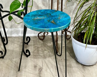 Teal and Gold Small Side Table Plant Stand 13" wide 18" tall