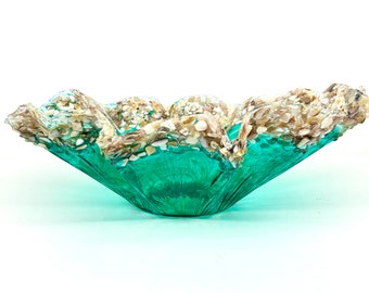 Ocean Turquoise and Green Swirled Resin and Crushed Shell Decorative Bowl MADE TO ORDER