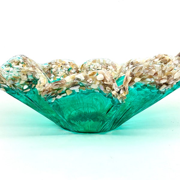 Ocean Turquoise and Green Swirled Resin and Crushed Shell Decorative Bowl MADE TO ORDER