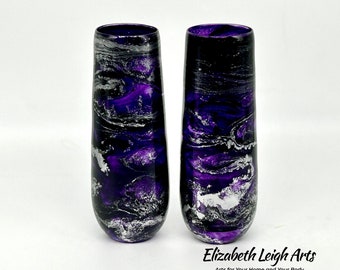 Purple and Silver Resin Art Stemless  Champagne Glass Set of Two Customize 9.5 Ounce