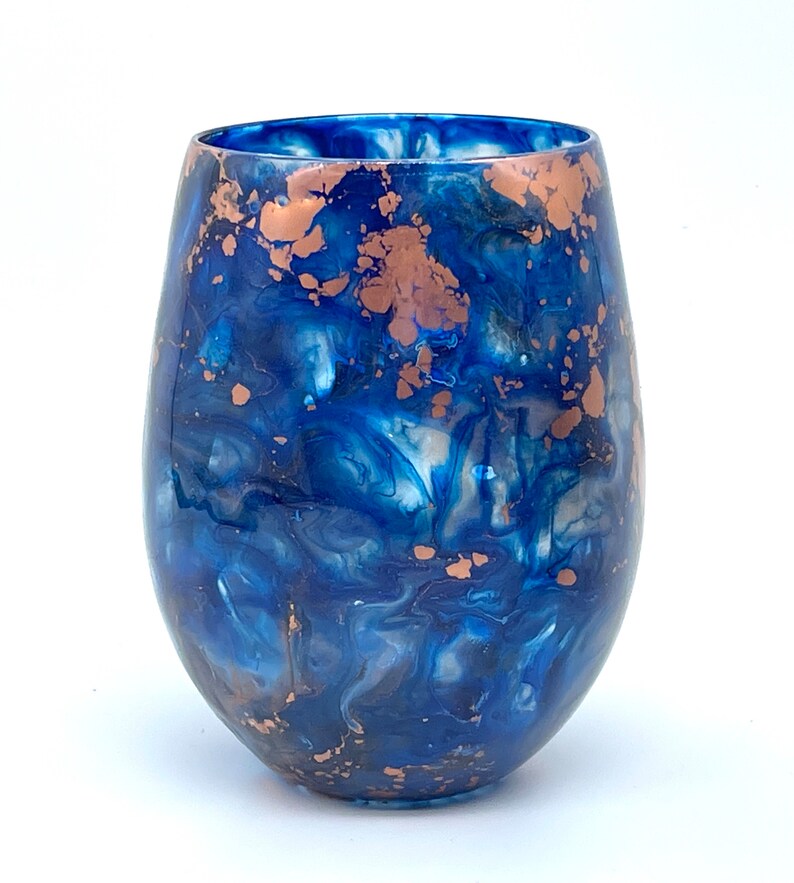 Navy Blue and Copper Resin Art Stemless Wine Glass Set of Two Etsy