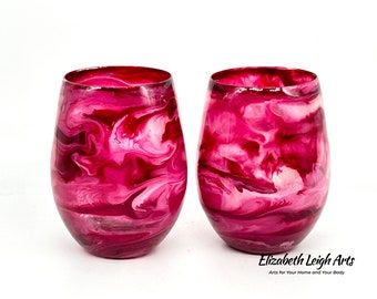 Raspberry Pink and White Stemless Wine Glass Set of Two Customize