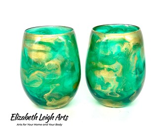 Green and Gold Resin Art Stemless Wine Glass Set of Two Customize 20 Ounce