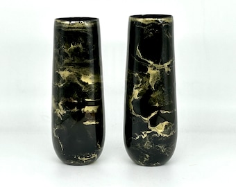 Black and Gold Resin Art Stemless  Champagne Glass Set of Two Customize 9.5 Ounce