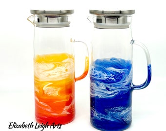 Sunset or Ocean Resin Art Water Pitcher with Metal Lid - 40.6oz Borosilicate Glass Drink Carafe